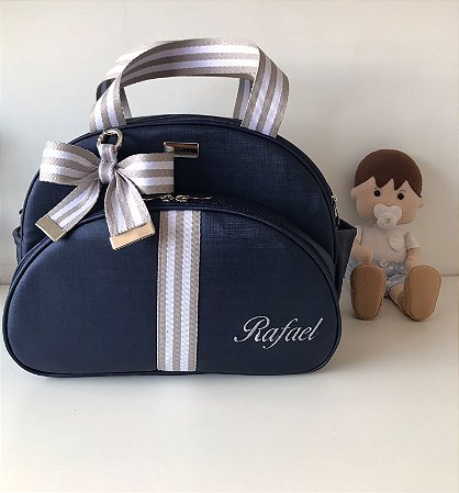 Bolsa Maternidade Média Sintético Azul Marinho com faixa listrada cinza e branco